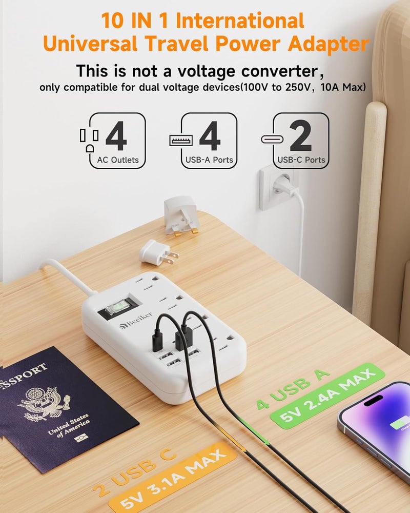 Beeiker European Travel Plug Adapter, US to Europe Travel Power Strip with 6 USB(2 USB C) 4 Outlets, International Universal Travel Power Adapter with 3ft Extension Cord for EU UK France Italy Germany Cruise - Image 3